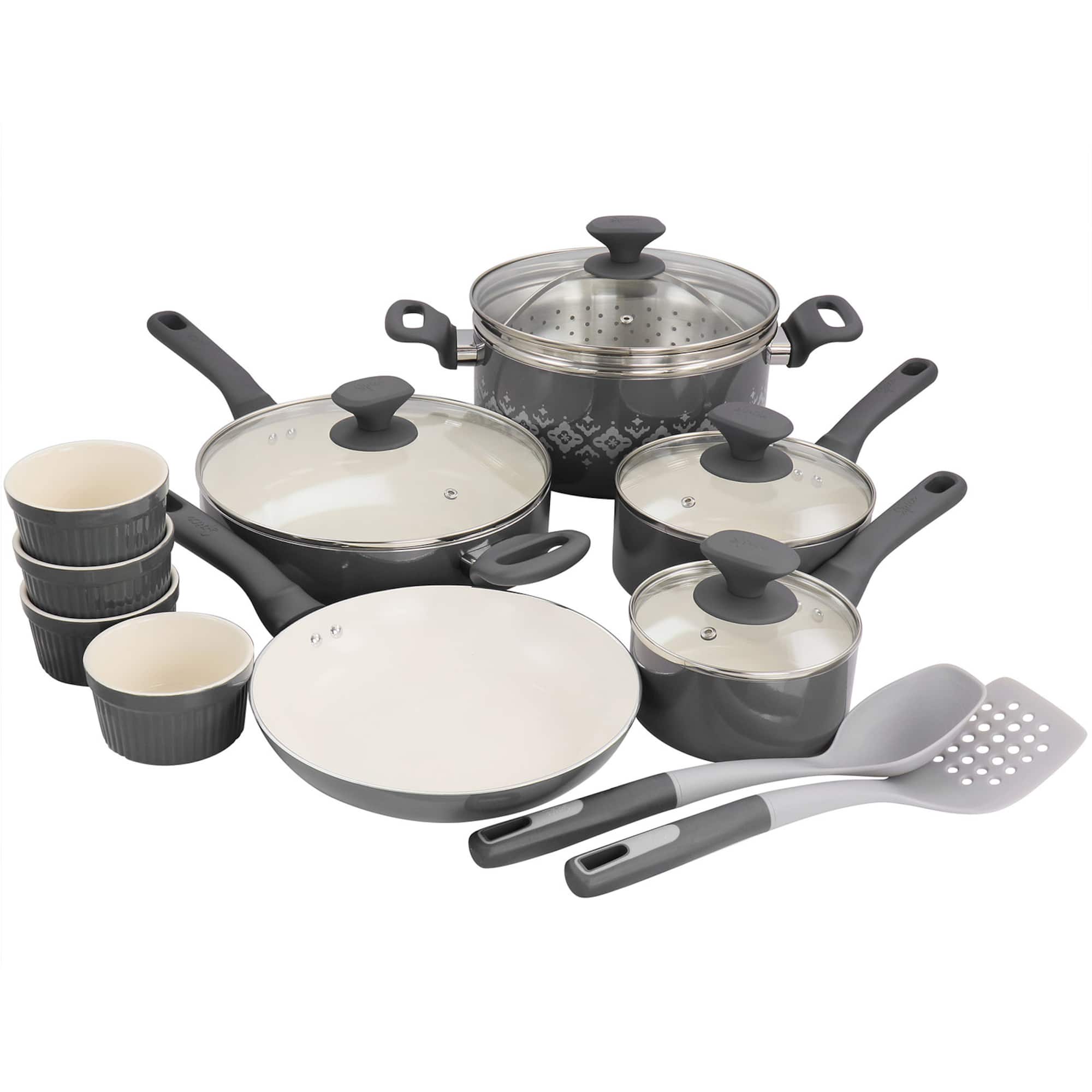 Spice by Tia Mowry Savory Saffron Gray 16 Piece Ceramic Nonstick Cookware Set